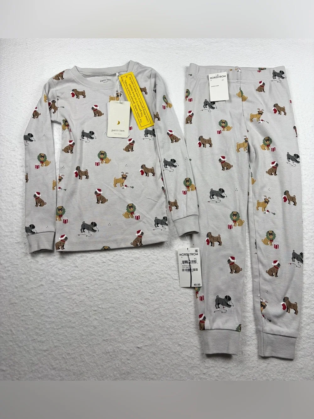 Petit Lem White Kids Holiday Puppy Pajama Set with Festive Prints Size 5